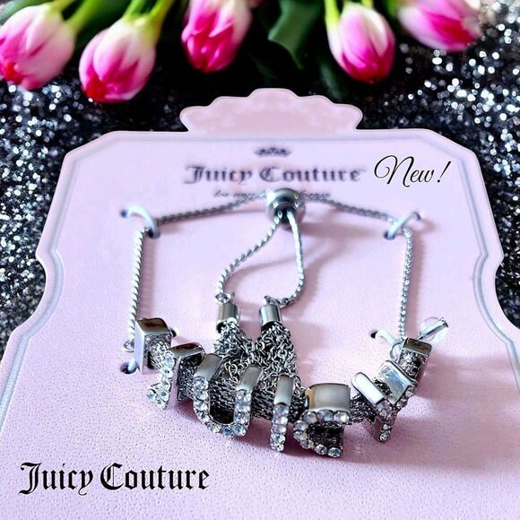 JUICY COUTURE Silver Crystal Tassel Adjustable Bracelet STATEMENT MAKING - Picture 1 of 6